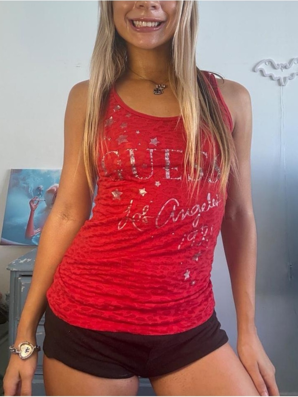 Red vintage y2k Guess tank top mesh cheetah print with silver glitter text